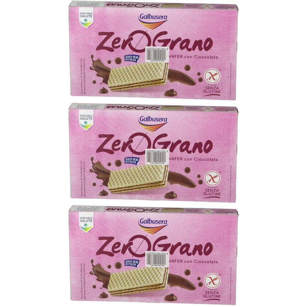 Tre confezioni di cialde Galbusera ZeroGrano al cioccolato, senza glutine.