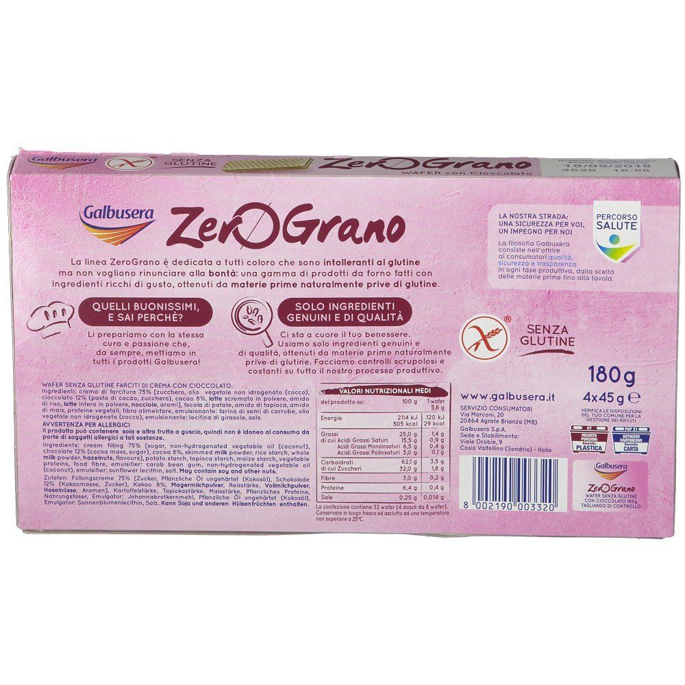 Retro di una confezione di cialde Galbusera ZeroGrano al cioccolato, senza glutine, con informazioni nutrizionali.