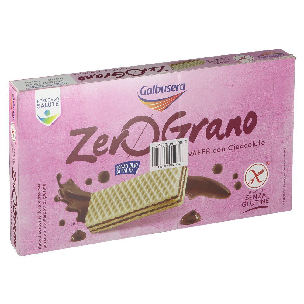 Confezione di Galbusera ZeroGrano Wafer con Cioccolato, senza glutine, con immagine di wafer.
