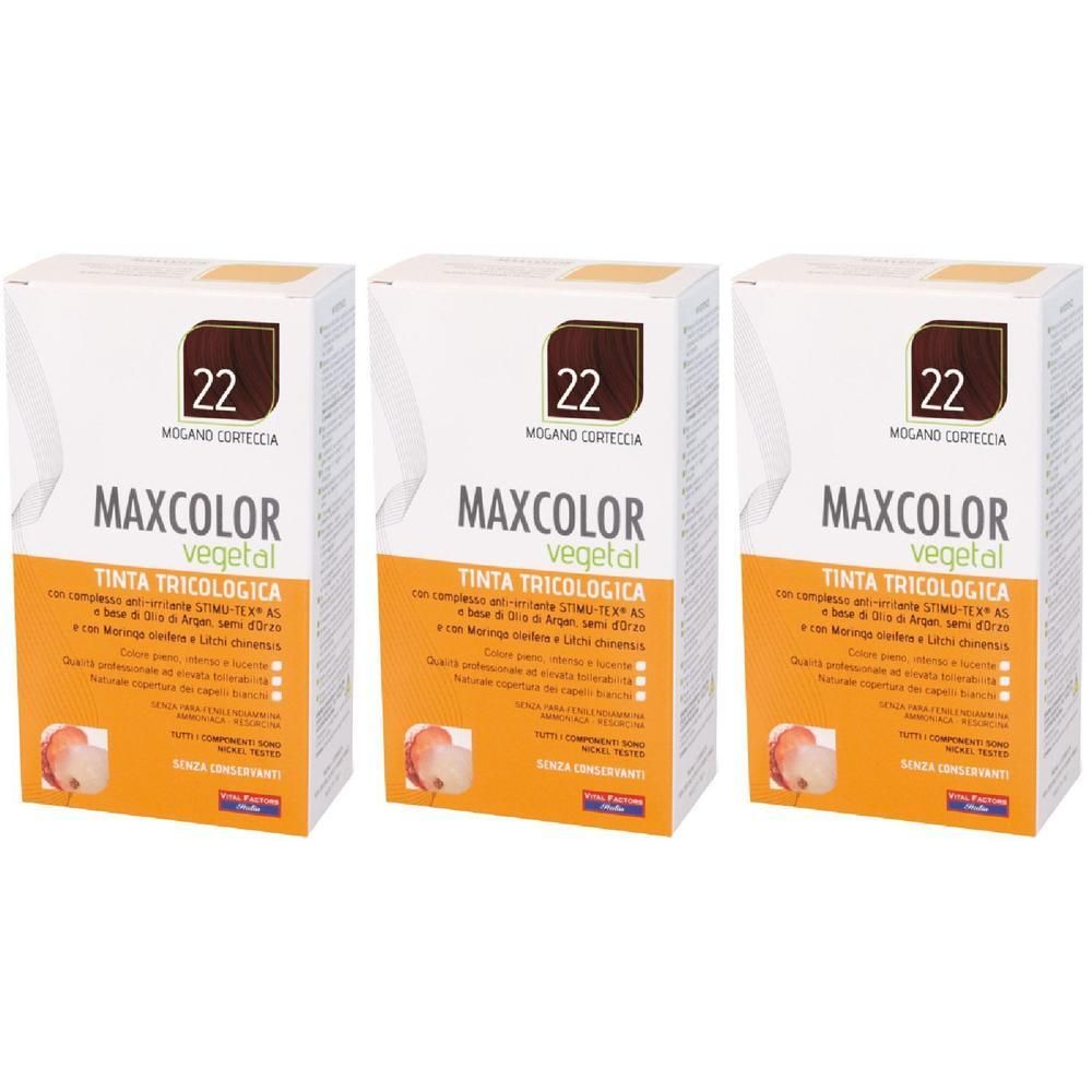 Tre scatole di MAXCOLOR vegetal Tinta Tricologica, colore 22, Castano Chiaro.