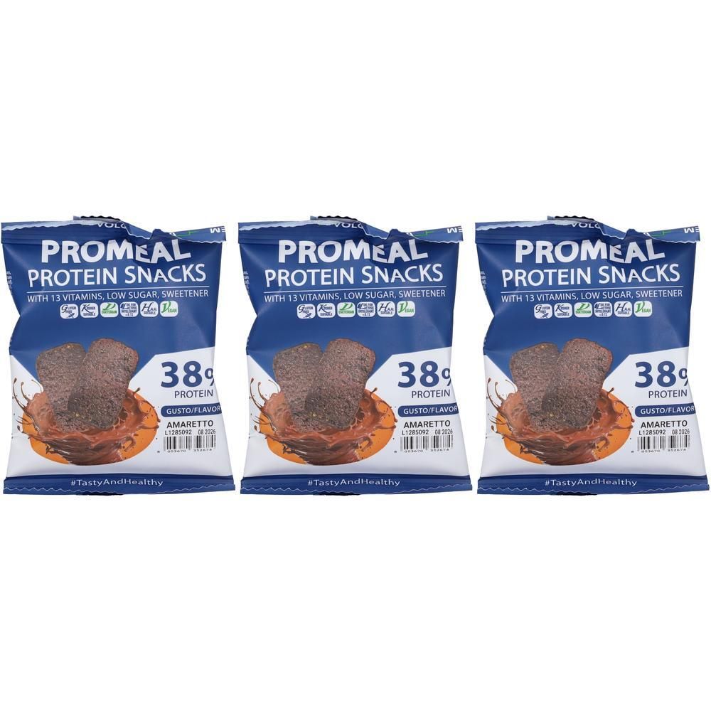 Tre snack proteici Promeal, gusto Amaretto, 38g di proteine per snack.
