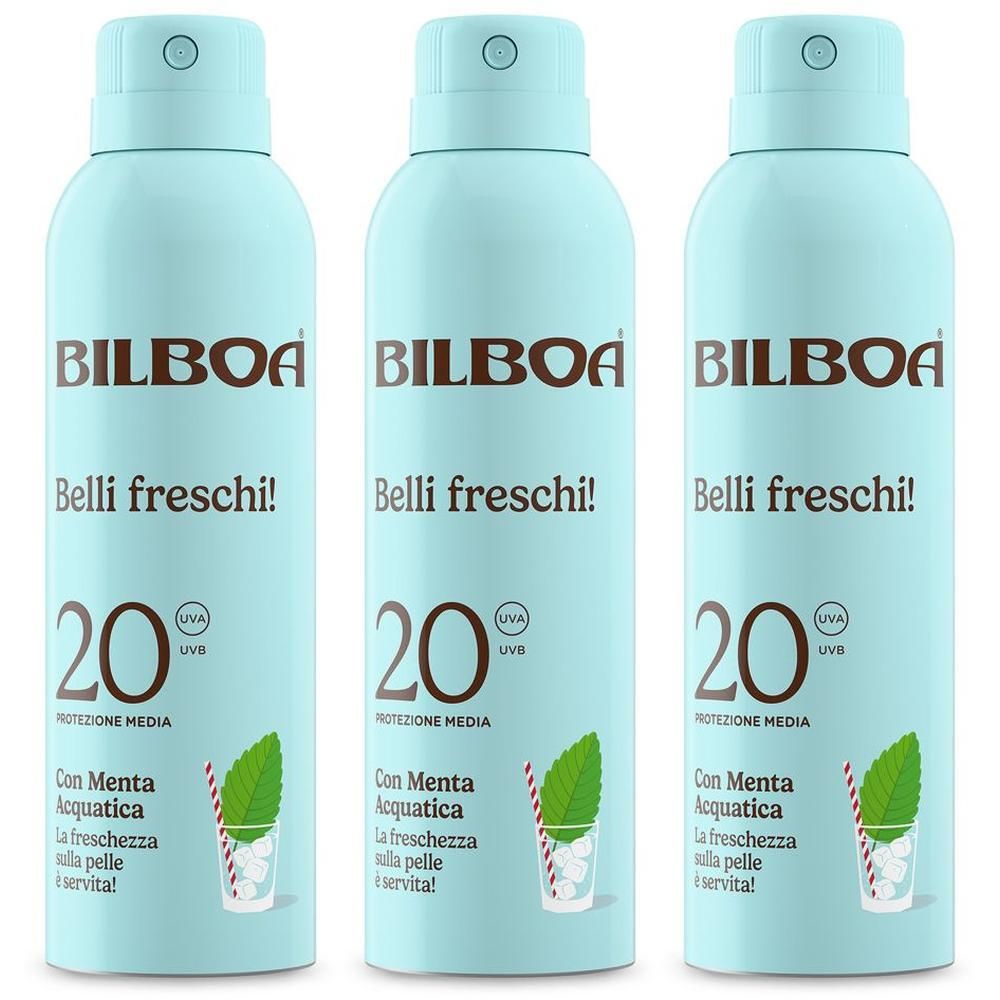 Tre flaconi spray solare Bilboa Belli Freschi SPF 20 con menta.