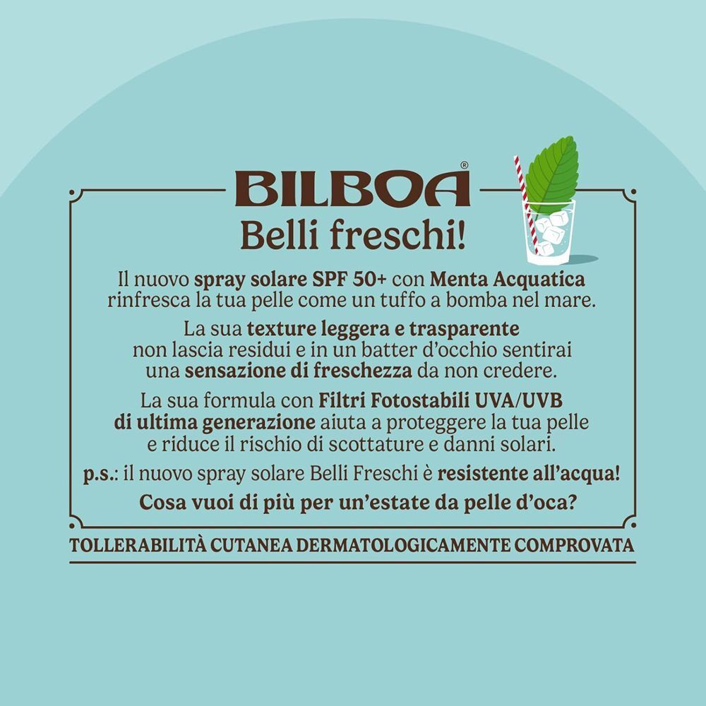 Spray solare Bilboa Belli Freschi SPF 50+ alla menta: testo su freschezza e protezione.