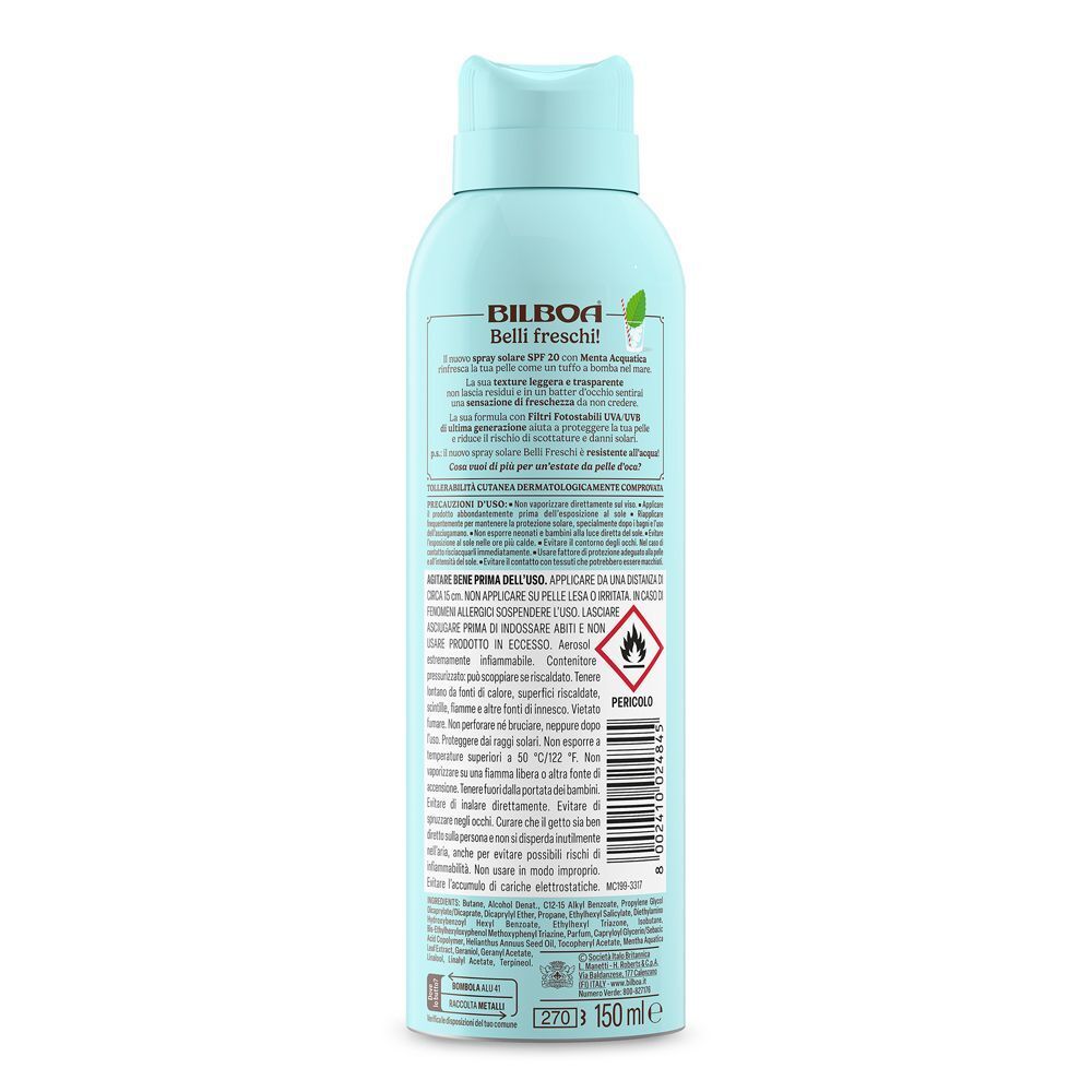 Retro di uno spray Bilboa Belli Freschi con informazioni sul prodotto.