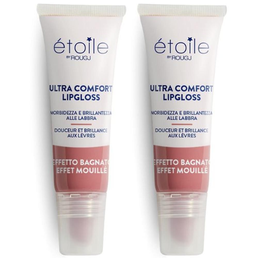 Due tubetti di Rougj Ultra Comfort Lipgloss color rosa.