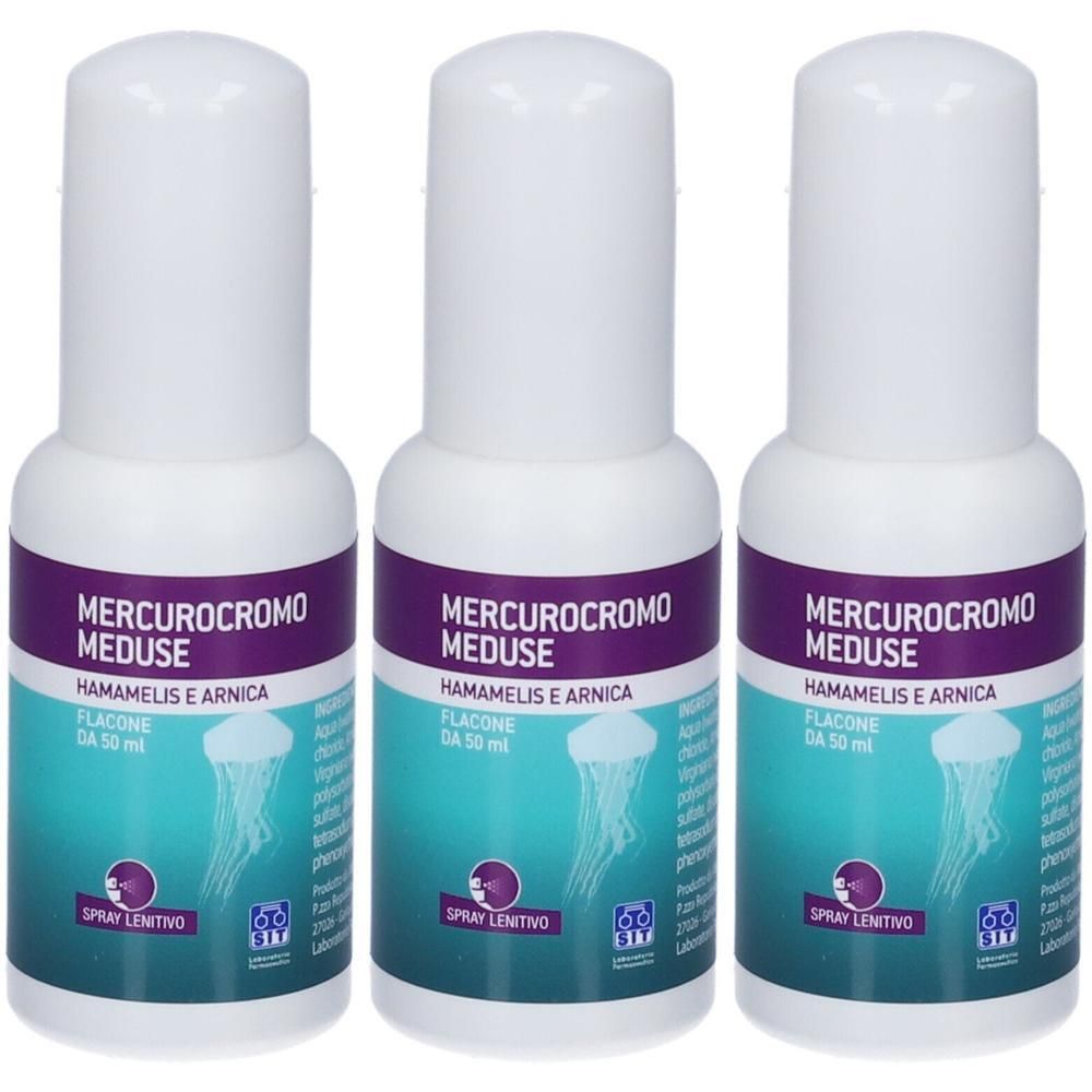Tre flaconi di spray Mercurucromo Meduse.