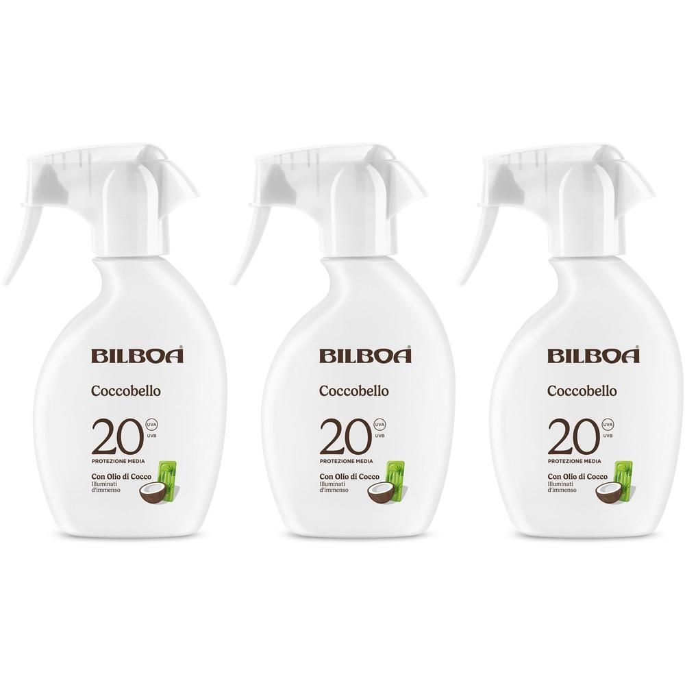 Tre flaconi spray bianchi Bilboa Coccobello Crema Solare SPF 20 con olio di cocco.
