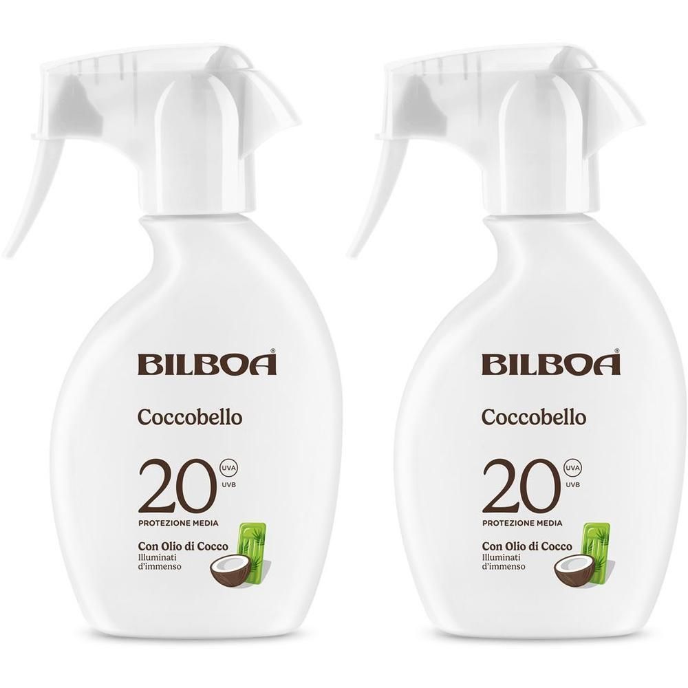 Due flaconi spray bianchi Bilboa Coccobello, protezione solare SPF 20 con olio di cocco.