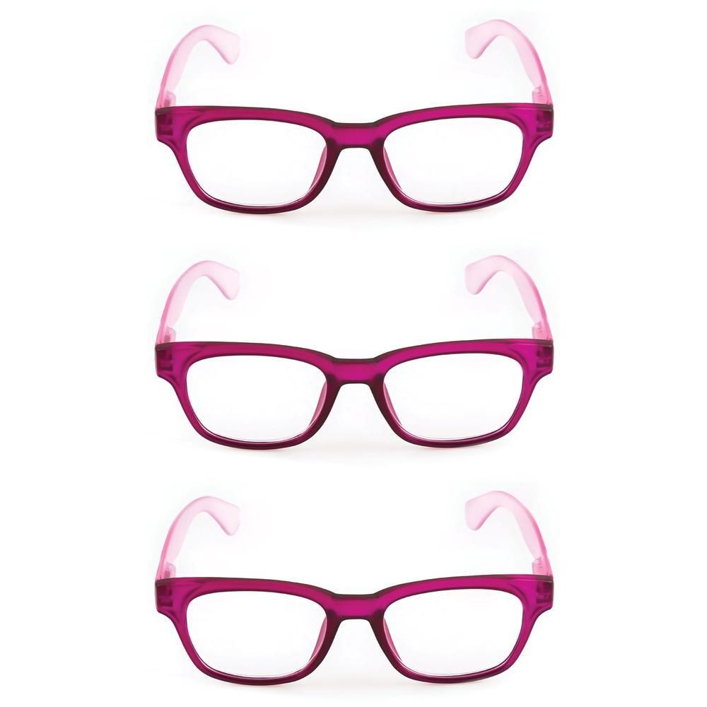 Tre paia di occhiali da lettura rosa con montatura rettangolare e lenti trasparenti.