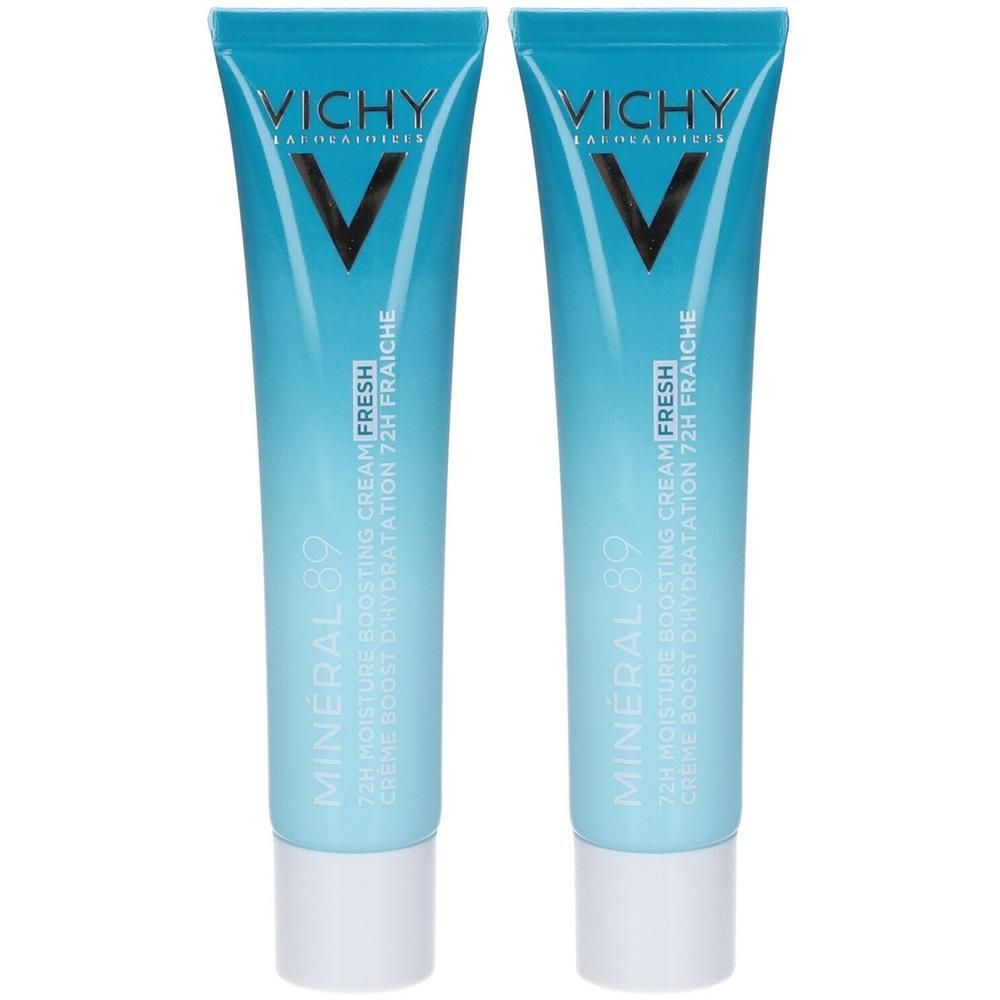Due tubetti di crema idratante Vichy Mineral 89, sfumatura blu con tappo bianco.
