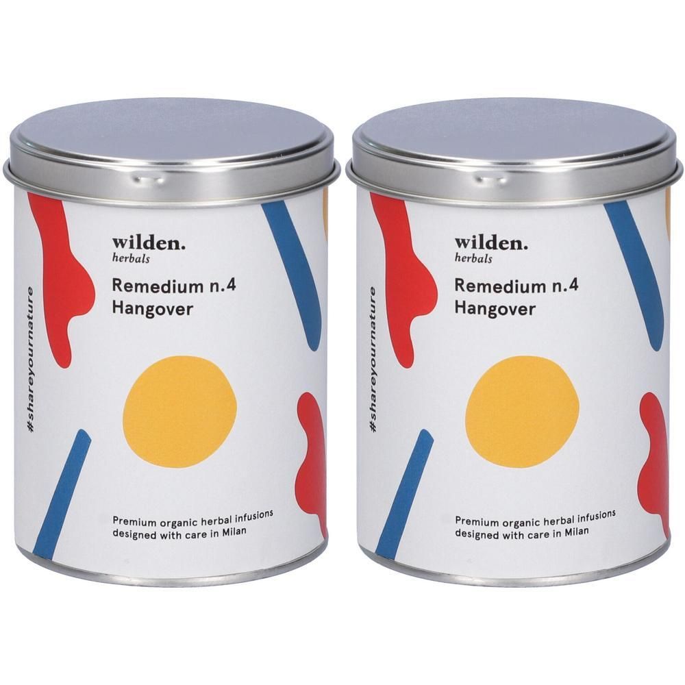 Due lattine Wilden Herbals Remedium n.4 Hangover tisana. Lattine bianche con forme astratte colorate.