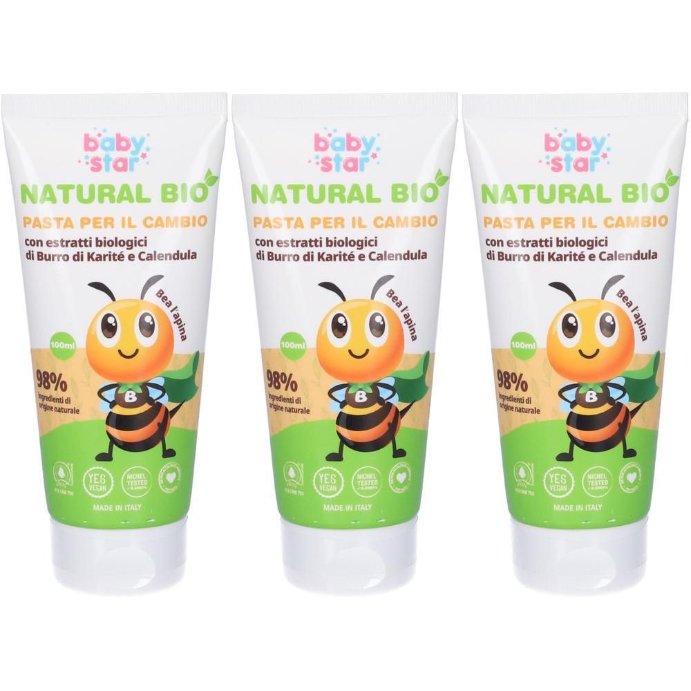 Tre tubetti di crema cambio pannolino Baby Star Natural Bio con ape. 98% ingredienti naturali.