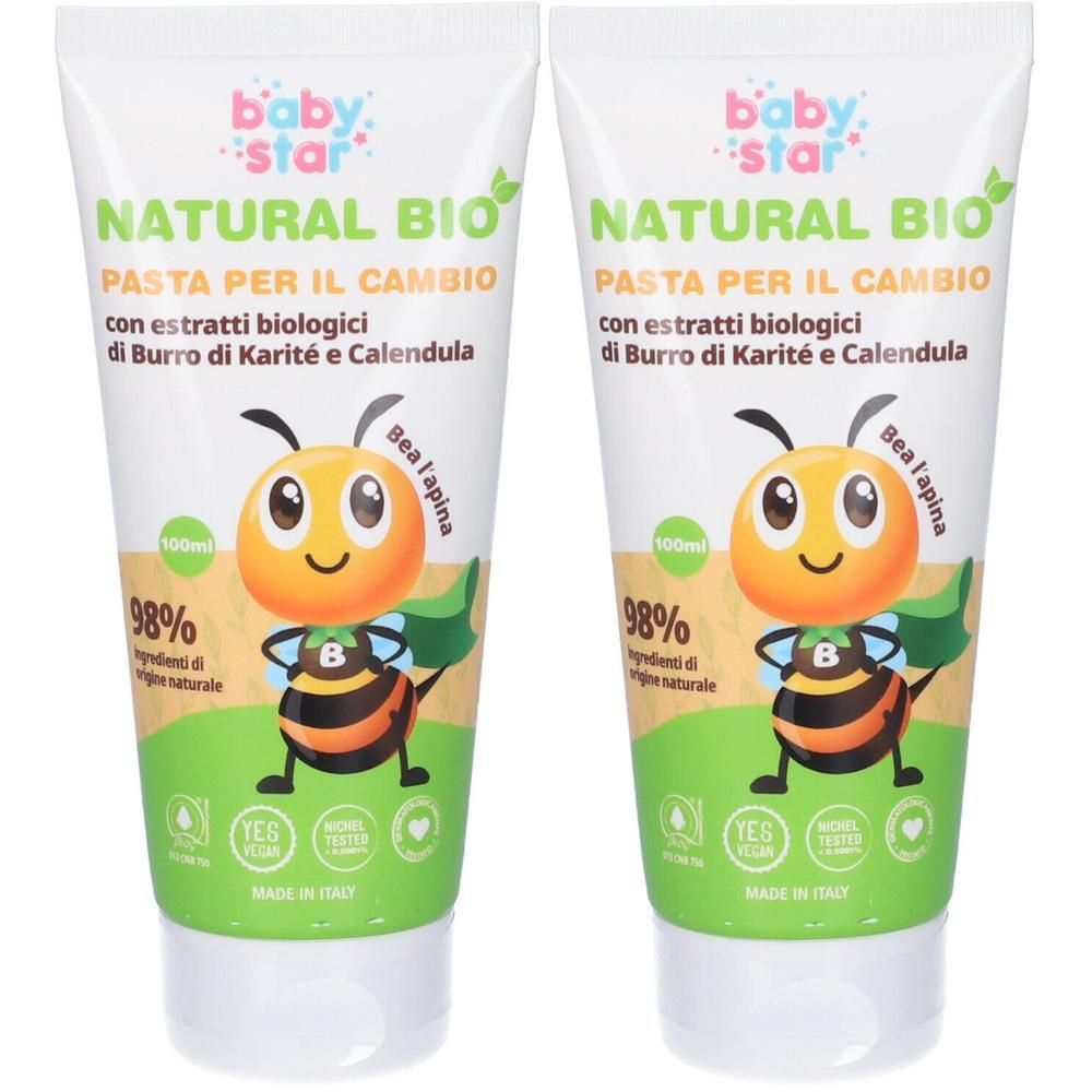 Due tubi di crema cambio pannolino Baby Star Natural Bio, 100ml ciascuno, con illustrazione di ape.