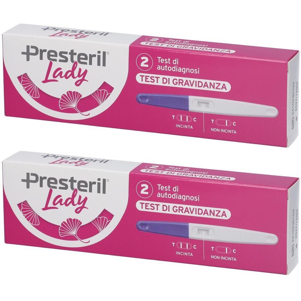 Due confezioni di Test di Gravidanza Presteril Lady. Ogni confezione contiene un test a striscia.