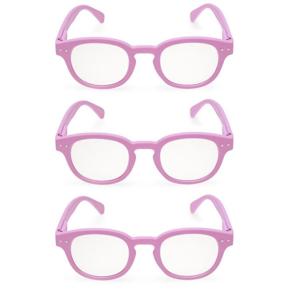 Tre paia di occhiali rosa per bambini con lenti blu, visti frontalmente e dall'alto.