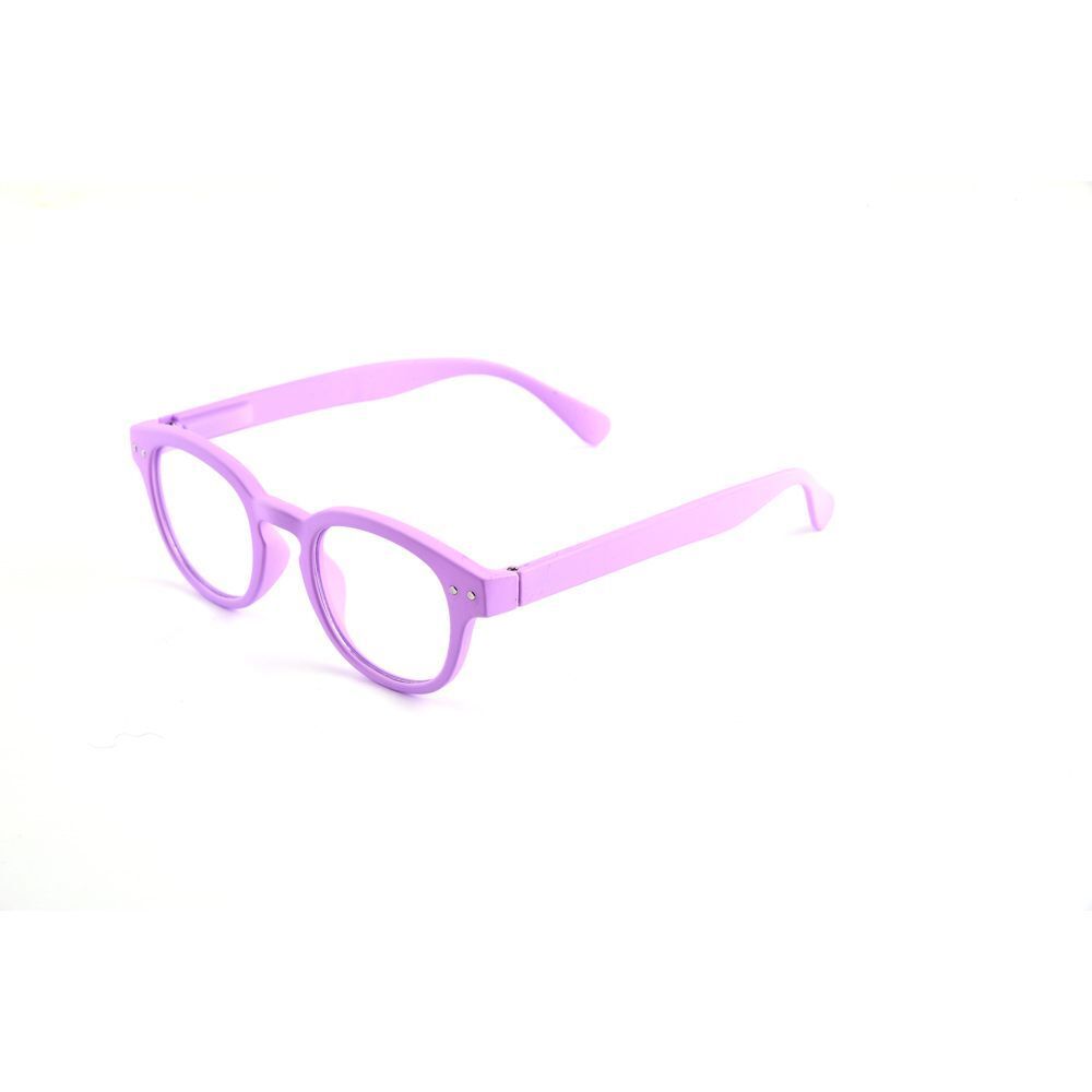Un paio di occhiali rosa per bambini con lenti blu, visti di lato.