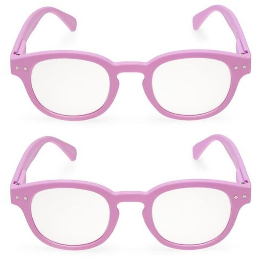 Due paia di occhiali rosa per bambini con lenti rotonde e aste.