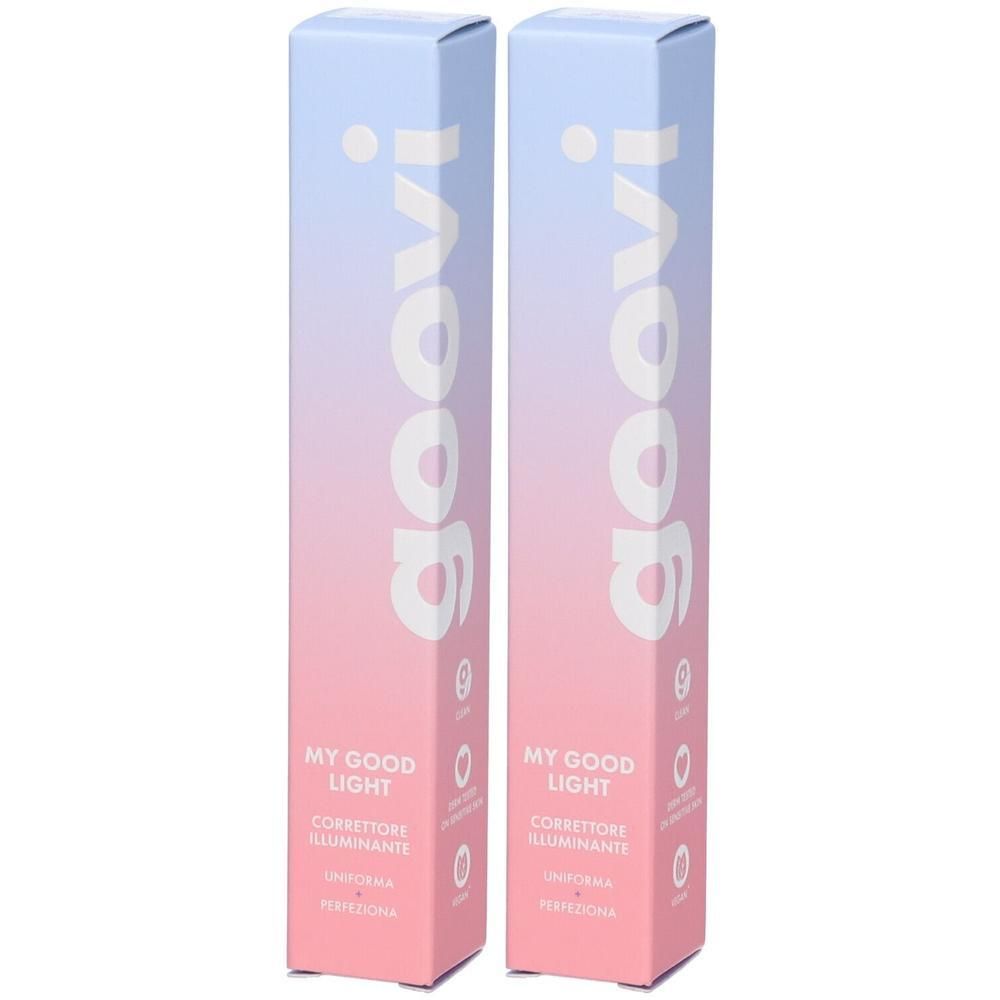 Due confezioni cosmetiche "goovi MY GOOD LIGHT", verticali, con sfumatura da blu a rosa.