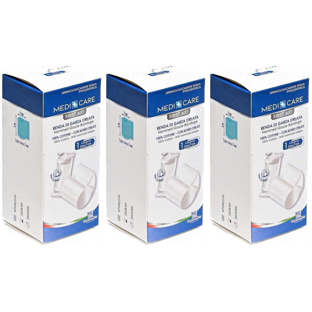 Tre confezioni di Benda Medicare Orlata, 7cm x 5m, 100% cotone.