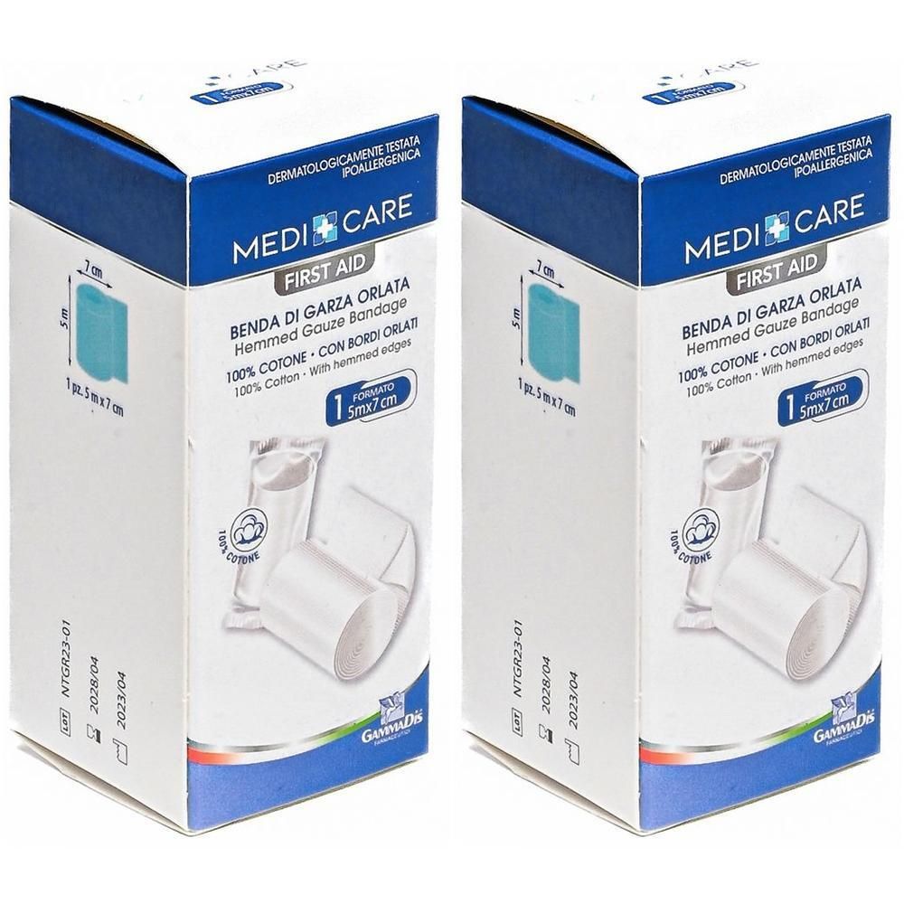 Due confezioni di Benda di Garza Orlata "Medi Care First Aid", 7cm x 5m, 100% cotone con bordi.