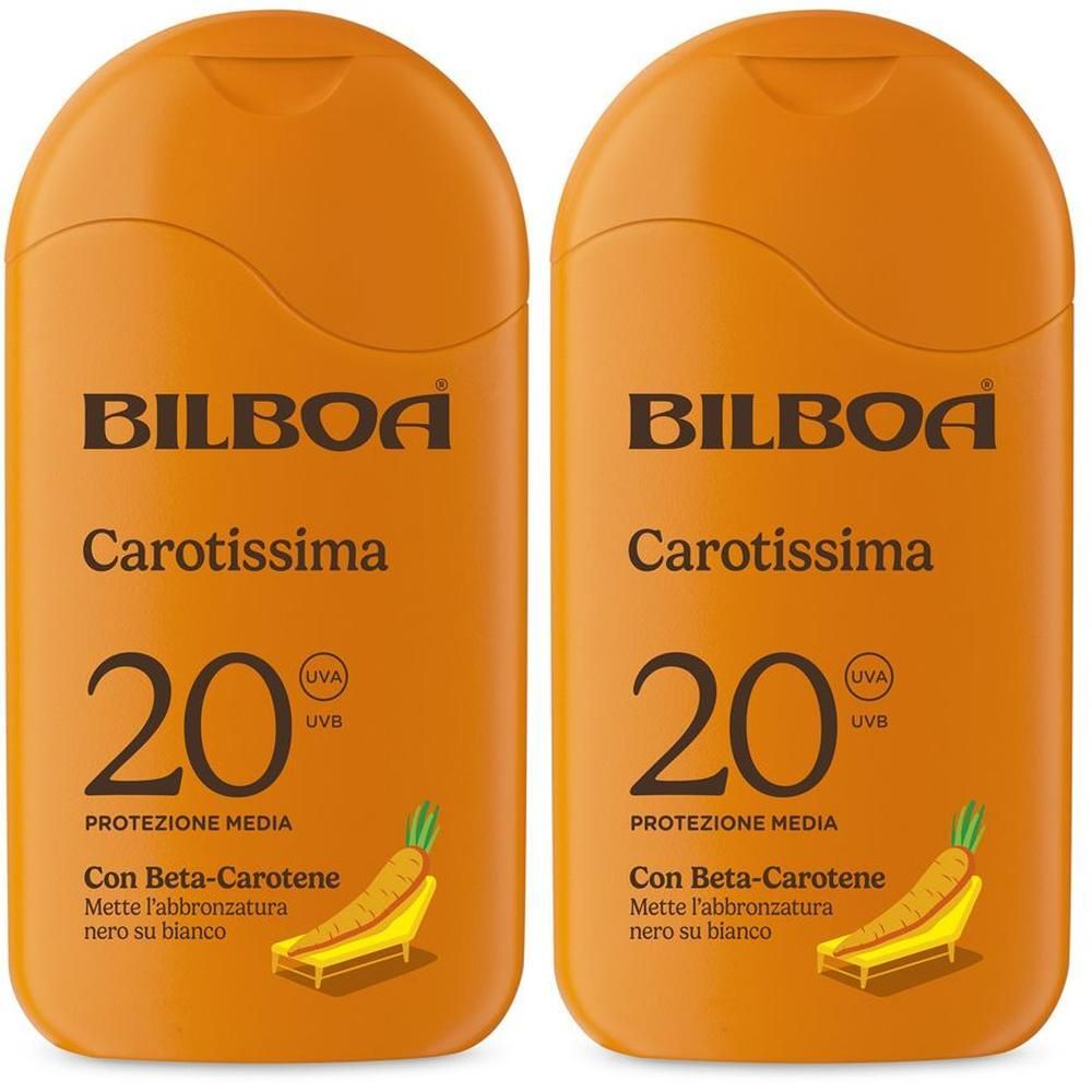 Due flaconi di crema solare Bilboa Carotissima SPF 20 con Beta-Carotene.