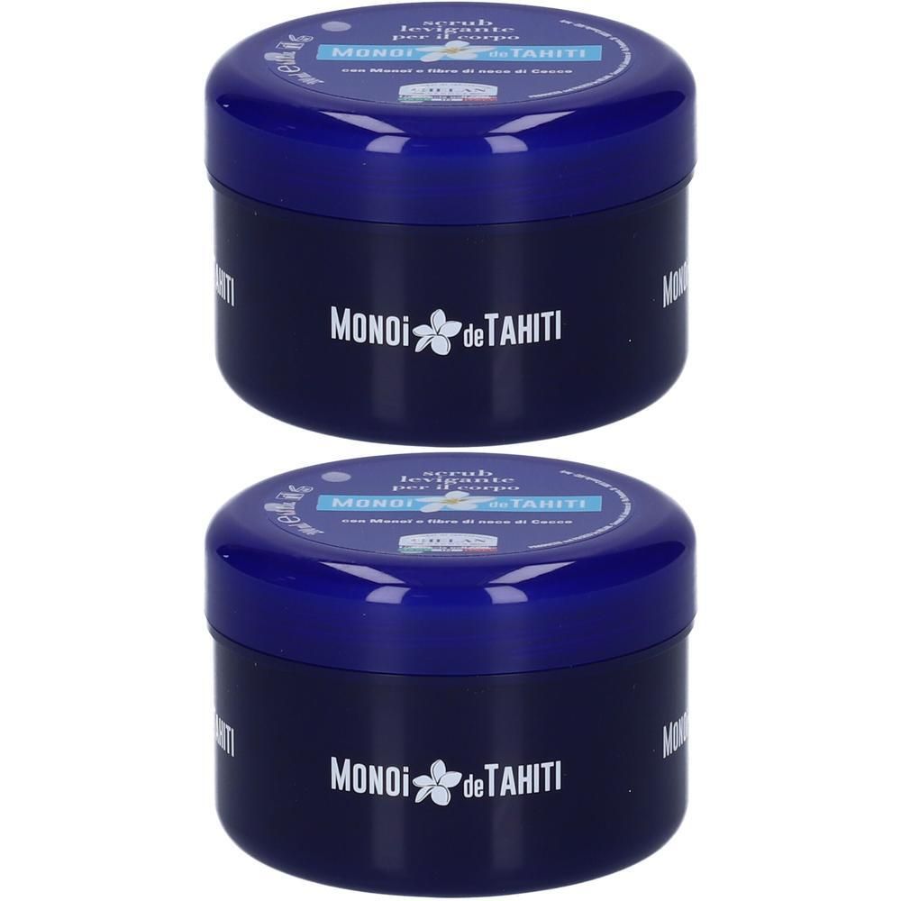 Due vasetti blu di scrub corpo Monoi de Tahiti.