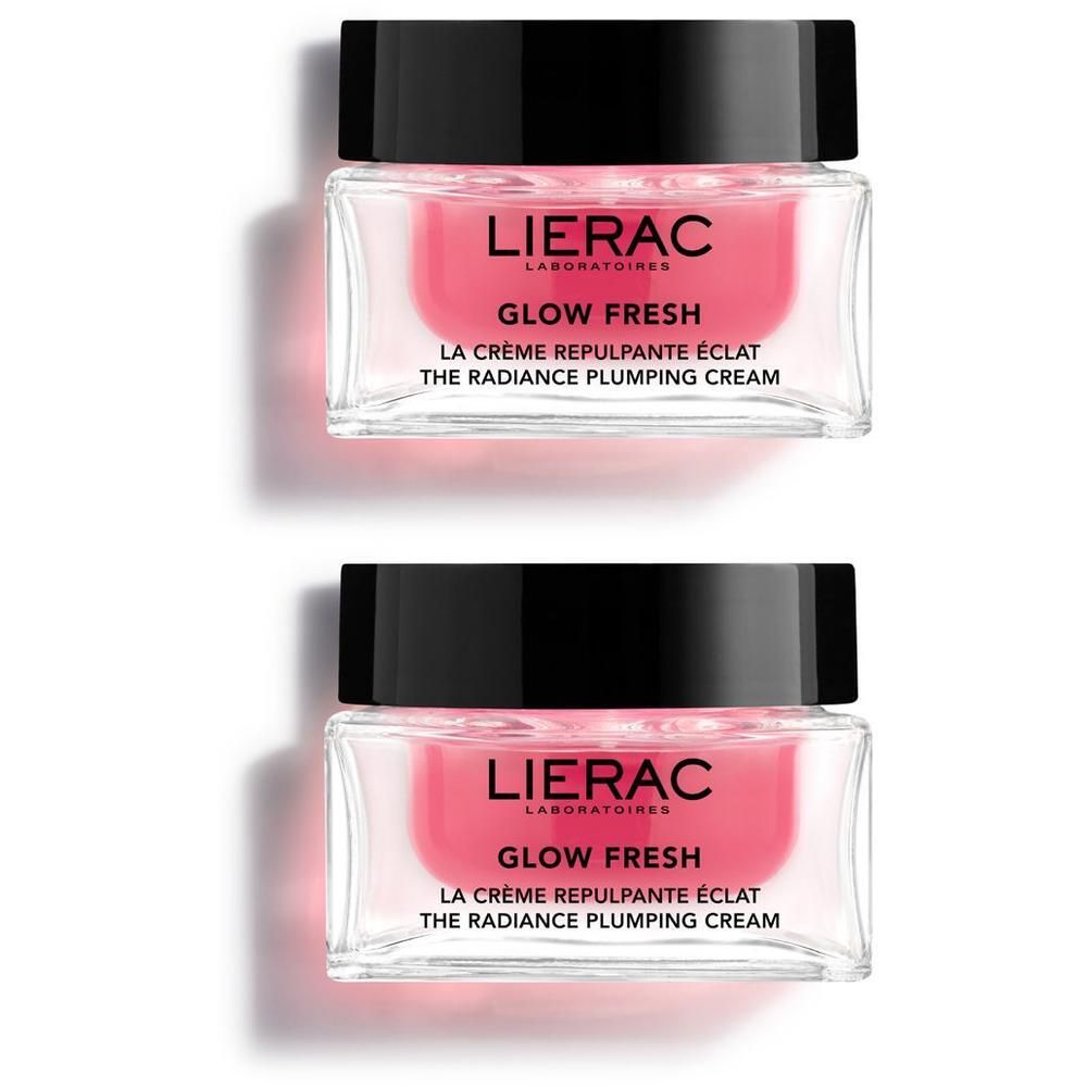 Due vasetti Lierac Glow Fresh con tappo nero e contenitore in vetro.
