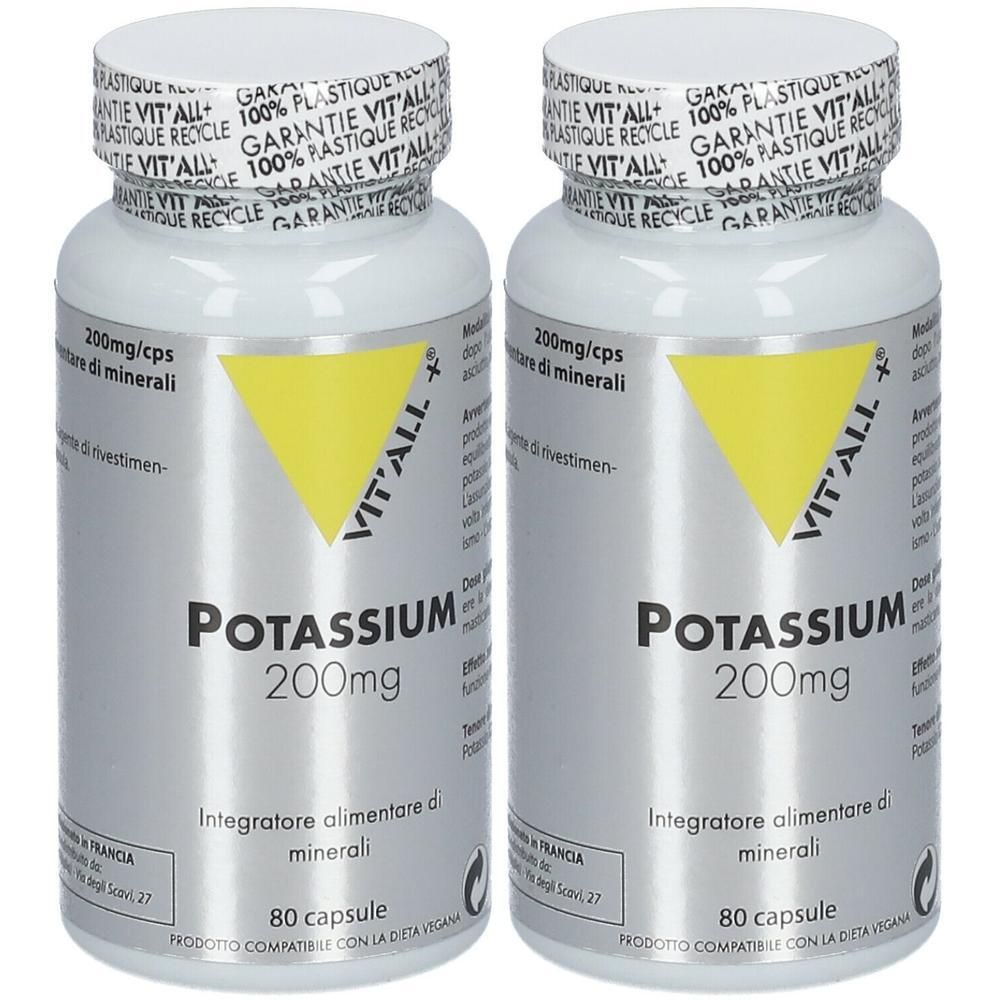 Due flaconi di Potassio 200mg, 80 capsule per flacone. Integratore alimentare.