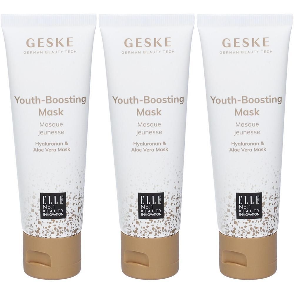 Tre tubi di maschera GESKE Youth-Boosting con acido ialuronico e aloe vera.