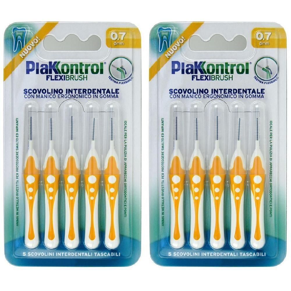 Due confezioni di scovolini interdentali PiaKontrol Flexibrush, misura 0,7 mm. Ogni confezione contiene 5 scovolini con manico ergonomico in gomma.