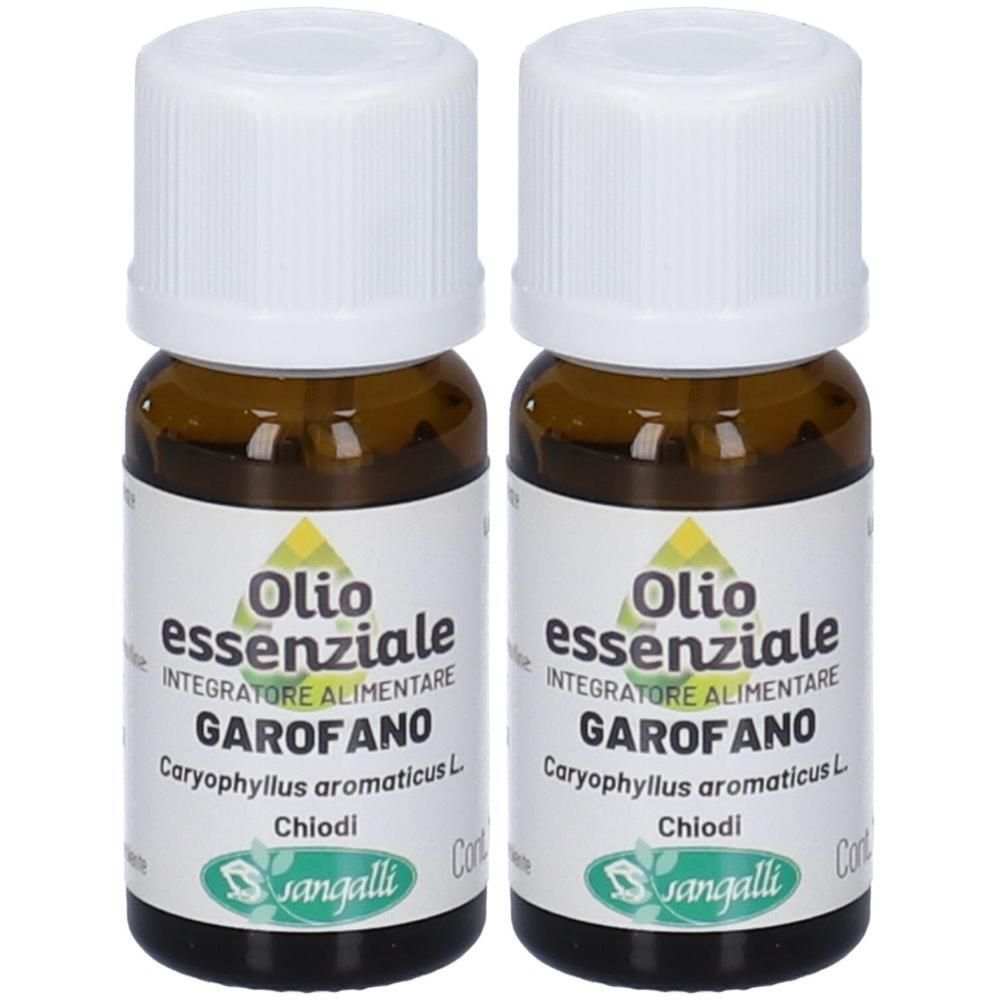 Due flaconcini in vetro ambrato con tappo bianco, etichetta 'Olio essenziale Garofano'.