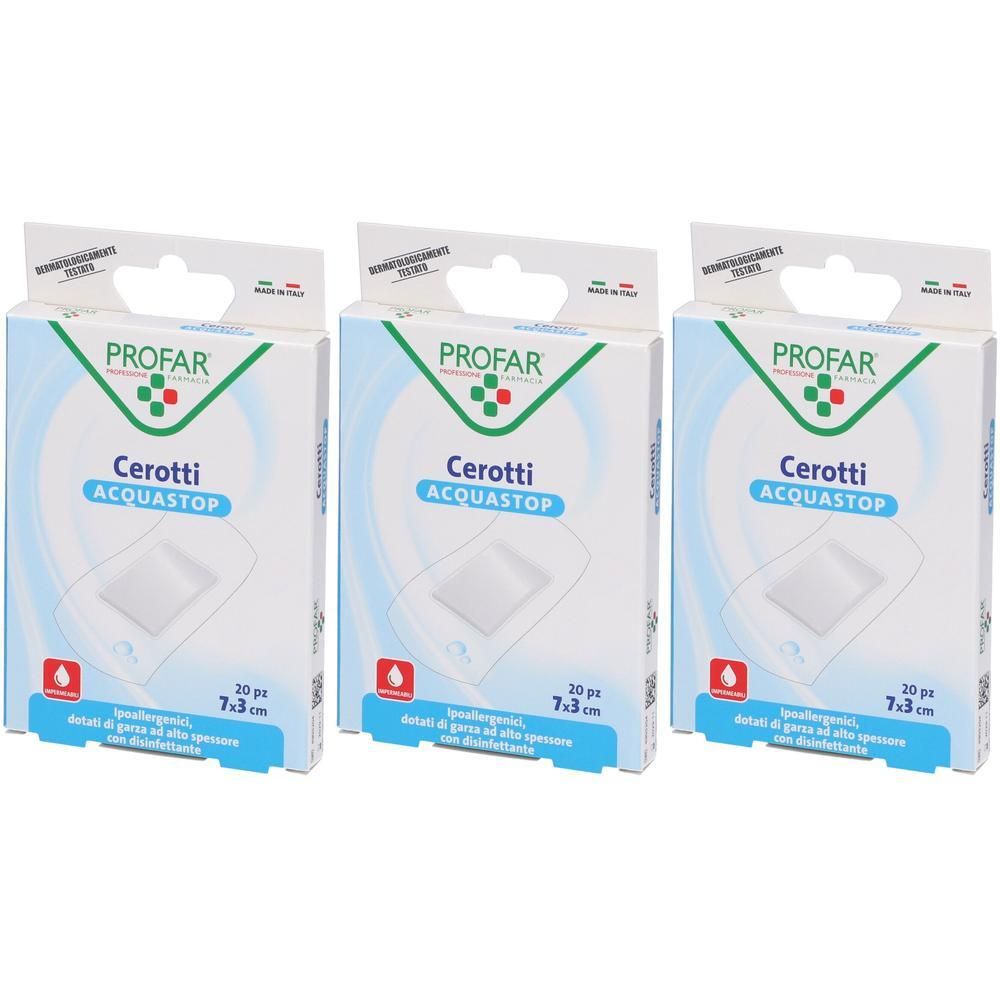 Tre confezioni di Profar Cerotti Acquastop, 7x3 cm, ipoallergenici.