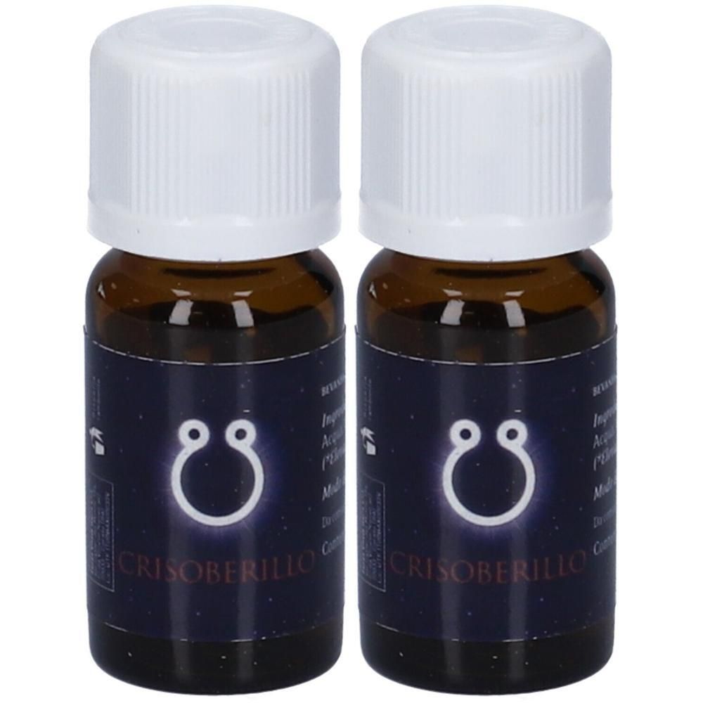 Due piccole bottiglie di vetro marrone con tappo a vite bianco ed etichetta blu con simbolo bianco e testo.