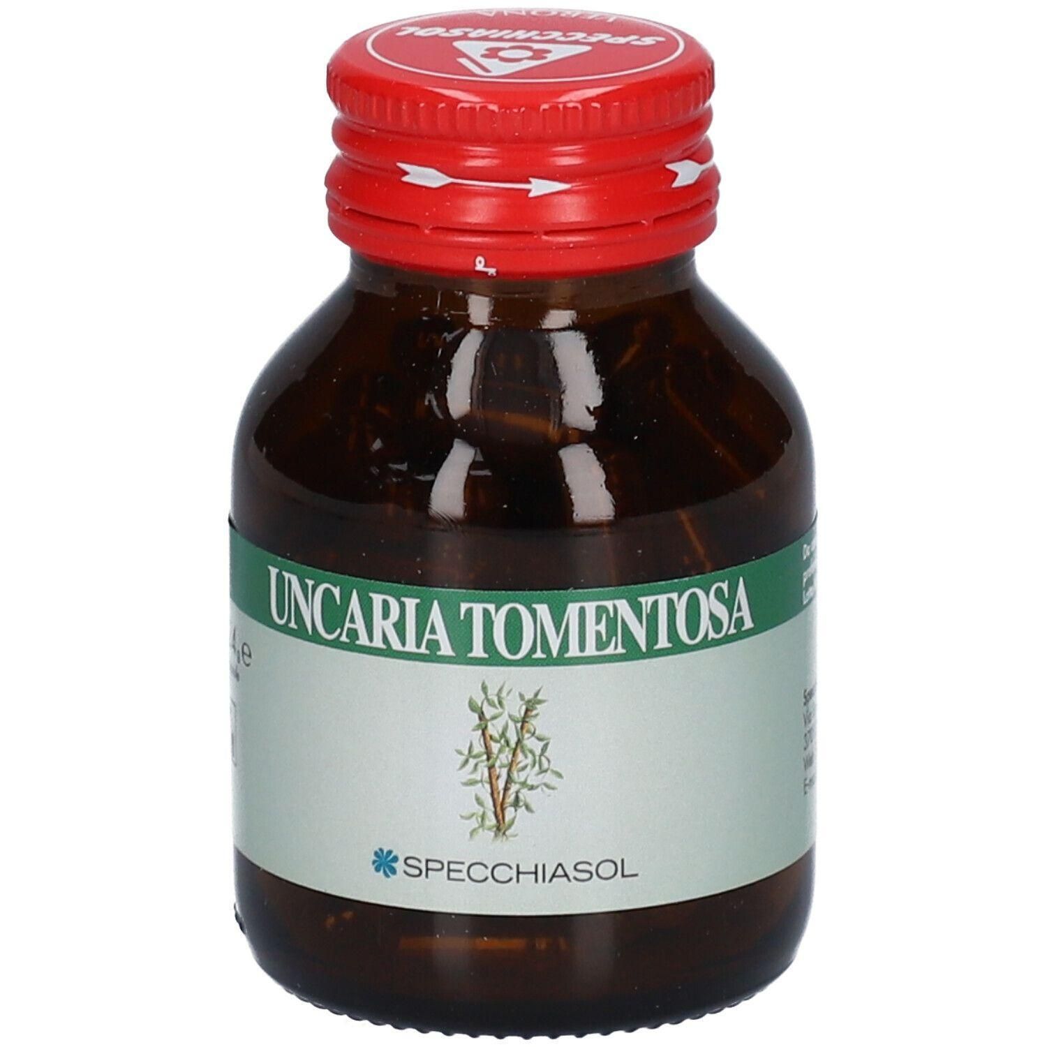 Flacone in vetro ambrato con tappo a vite rosso, etichetta "Uncaria Tomentosa" e simbolo vegetale.