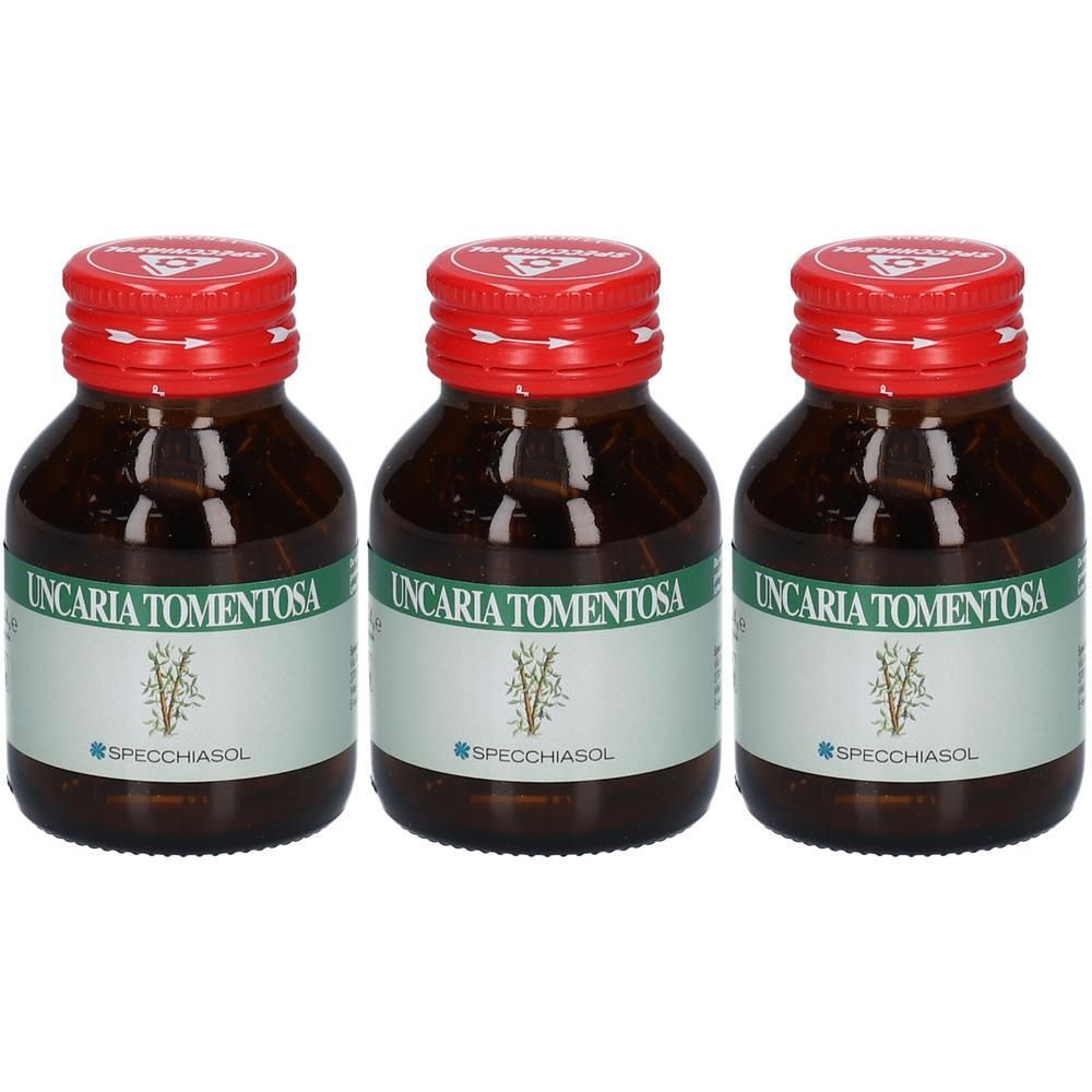 Tre flaconi in vetro marrone con tappo rosso, etichetta 'Uncaria Tomentosa' e 'Specchiasol'.