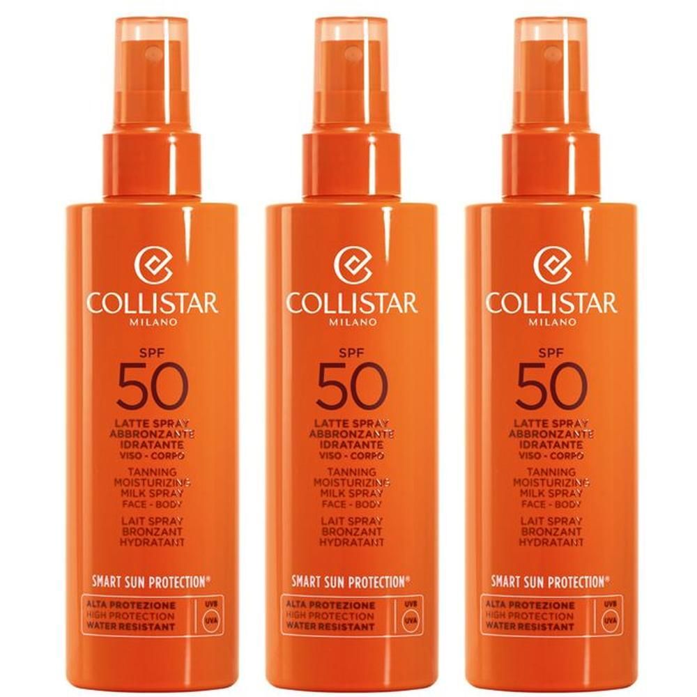 Tre flaconi di spray solare Collistar SPF 50. Flaconi arancioni con erogatore spray.