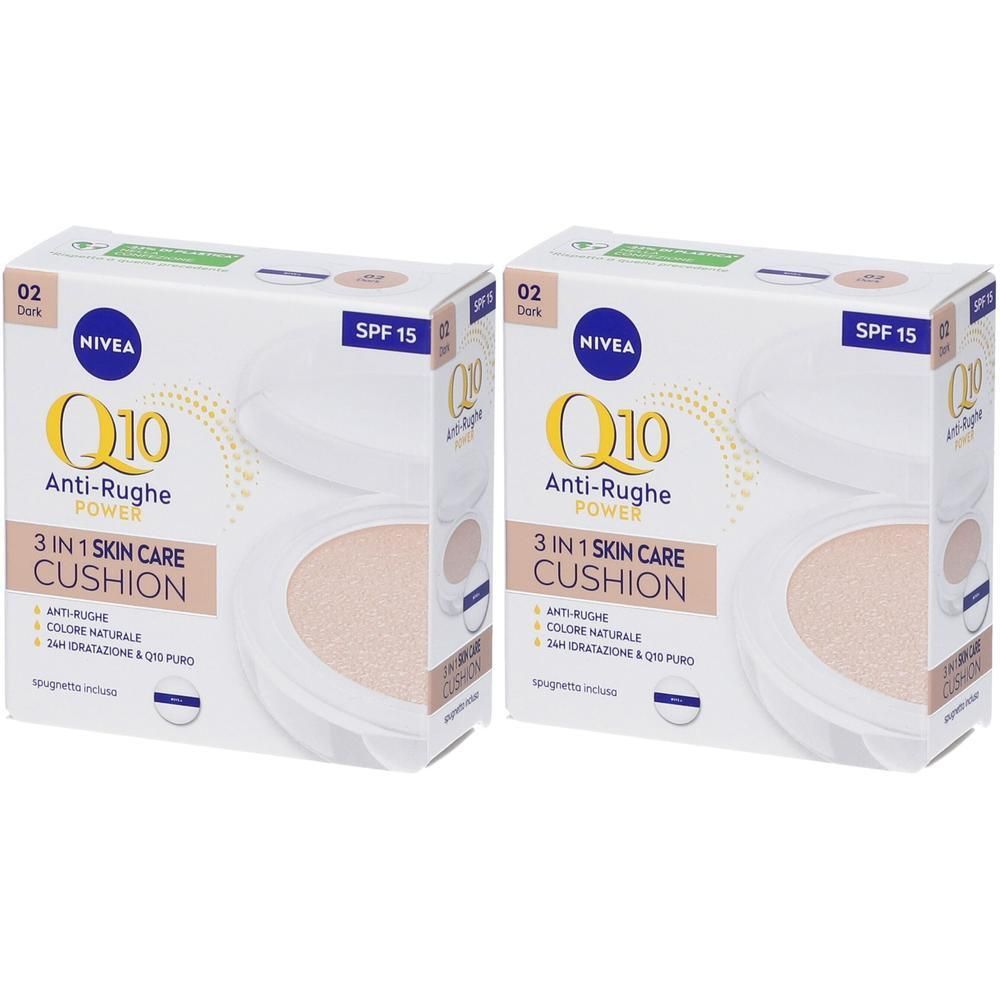 Due confezioni Nivea Q10 Plus Anti-Rughe 3 In 1 Skin Care Cushion Dark con SPF 15.