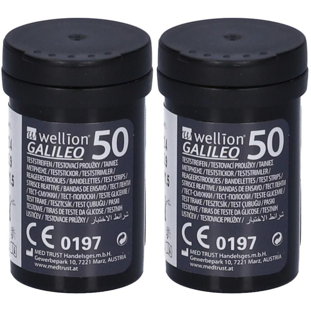 Due flaconi di strisce reattive Wellion Galileo per glicemia, 50 per flacone.