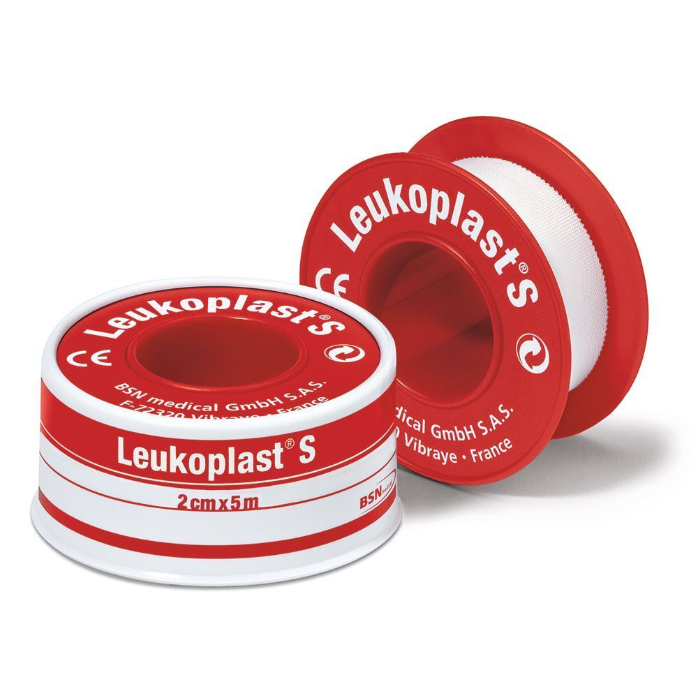 Rotolo di cerotto Leukoplast S, 2cm x 5m, rosso con nastro bianco.