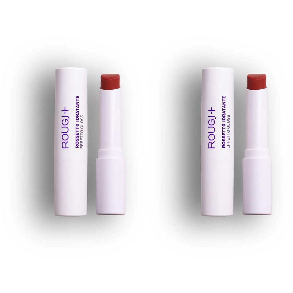 Due rossetti bianchi con applicatore rosso. Scritta: ROUGJ+ ROSSETTO IDRATANTE EFFETTO GLOSS.