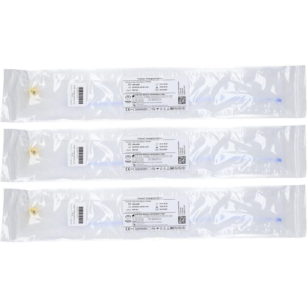 Catetere Uretrale Foley In Puro Silicone Ch20 Tre Vie Punta In Nelaton, Capacita' Del Palloncino 10Ml, Superficie Liscia