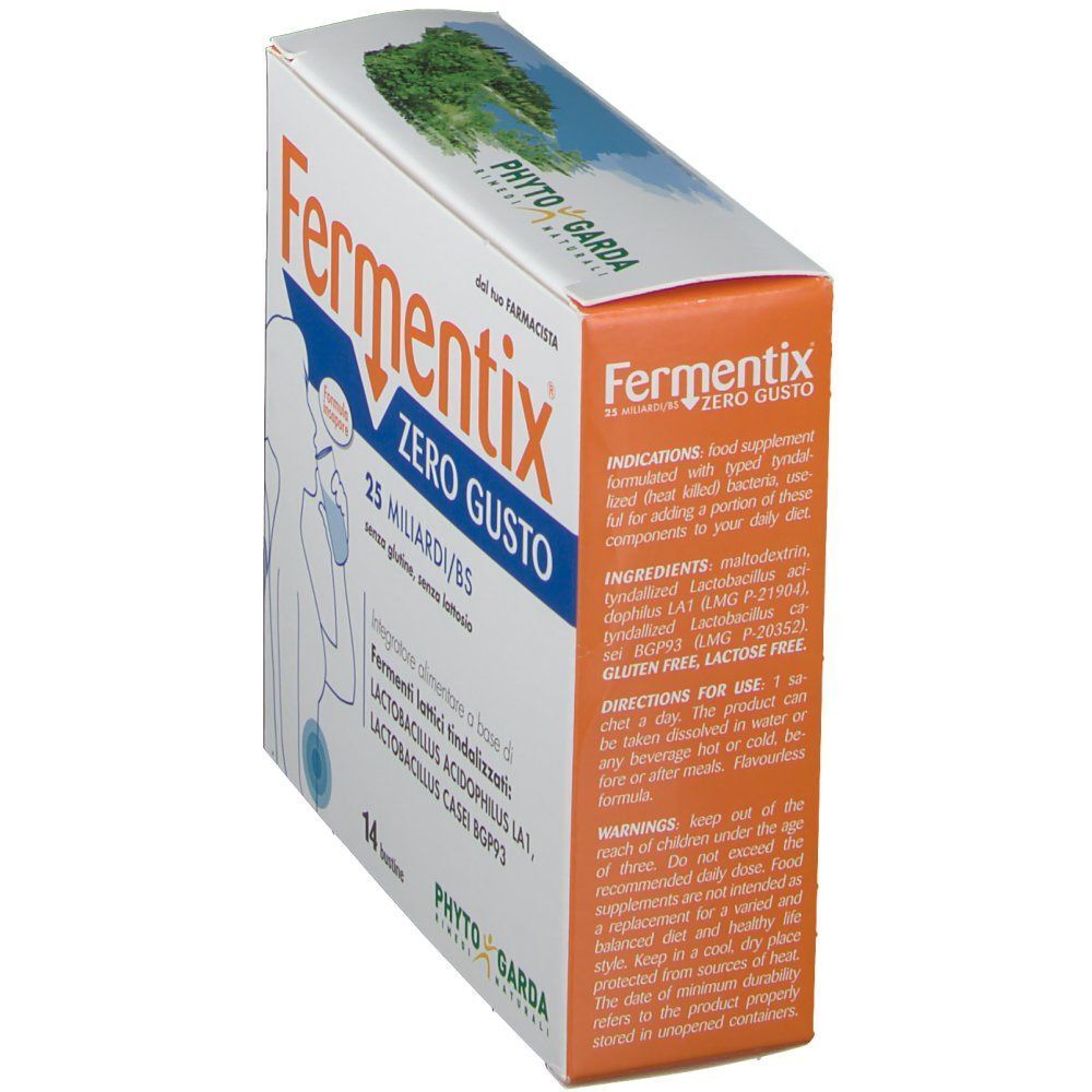 Una confezione di Fermentix Zero Gusto, lato con informazioni sul prodotto e illustrazione di una donna.