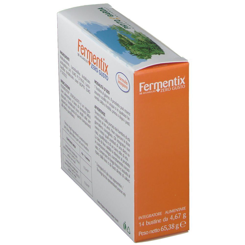 Vista laterale di una confezione Fermentix Zero Gusto con indicazione di 14 bustine e peso netto.