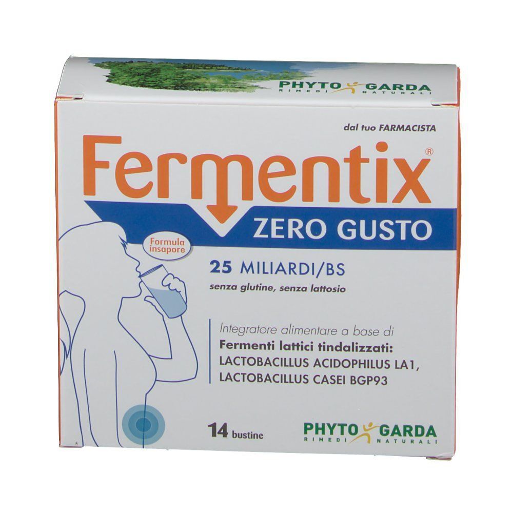 Fronte di una confezione Fermentix Zero Gusto con illustrazione di donna che beve e caratteristiche prodotto.