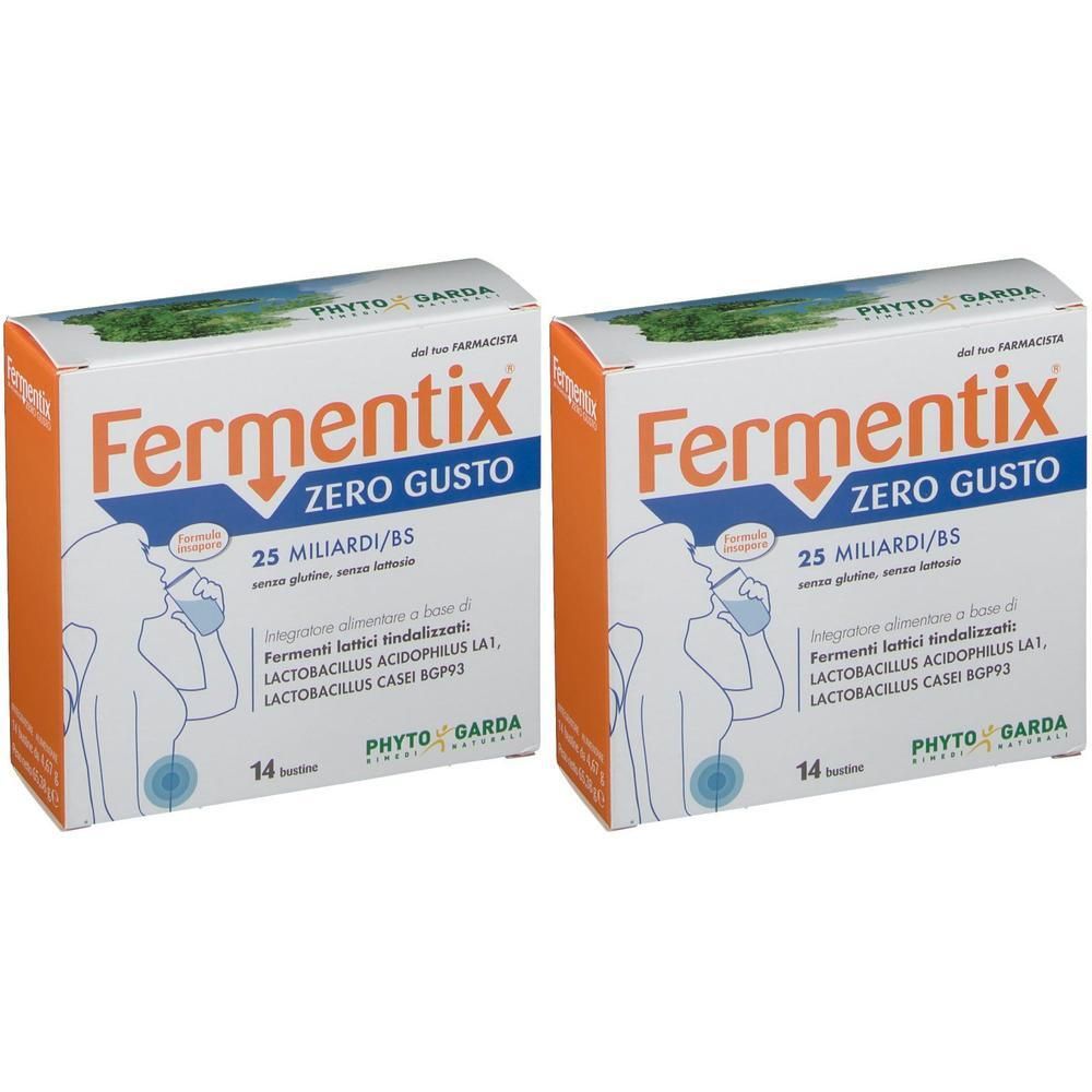 Due confezioni di Fermentix Zero Gusto, 14 bustine ciascuna. Contiene 25 miliardi di batteri.