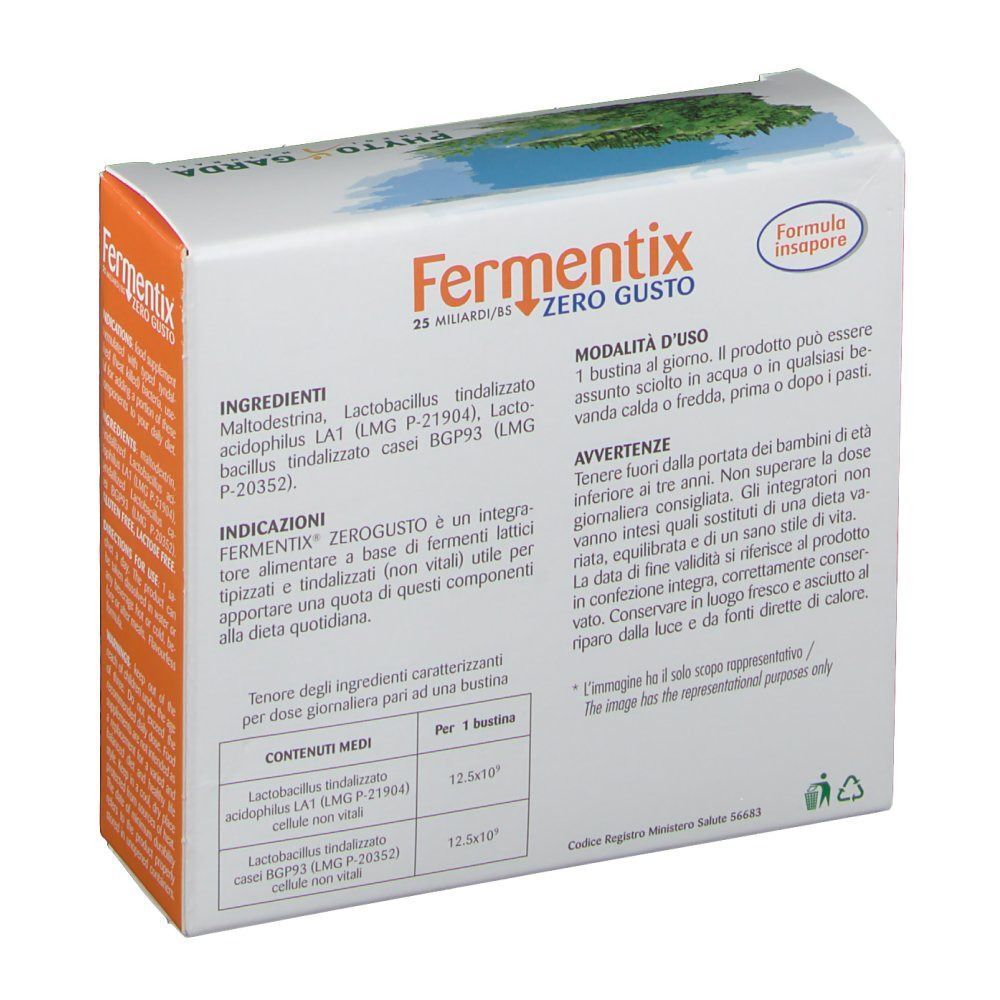 Retro di una confezione Fermentix Zero Gusto con dettagli su ingredienti e modalità d'uso.