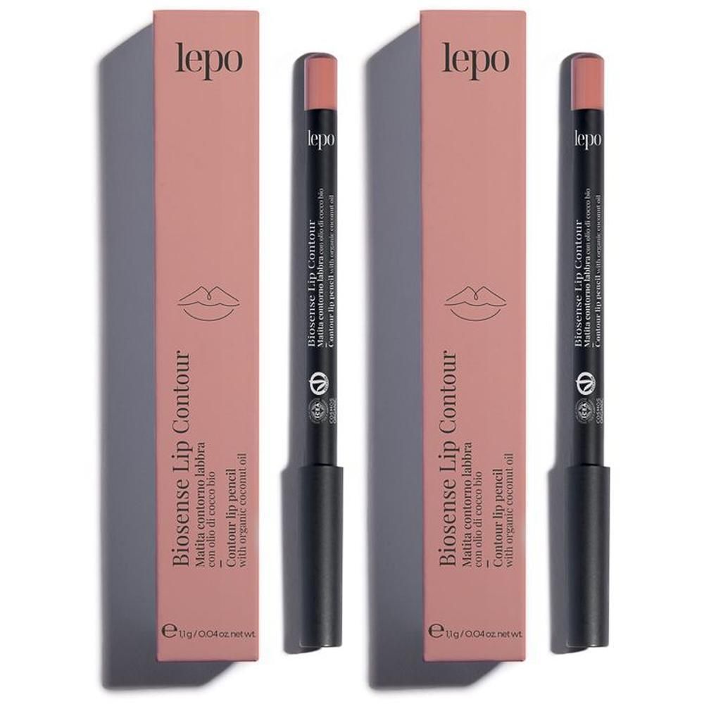 Due matite labbra Lepo Biosense color nude rosato con astucci coordinati. Testo sull'astuccio: Biosense Lip Contour.
