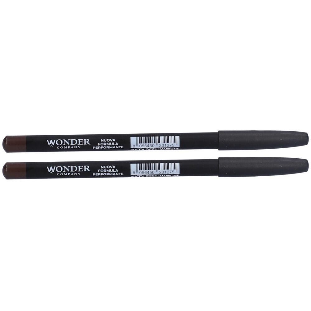 Due matite eyeliner marroni Wonder Company con cappuccio nero ed etichetta.