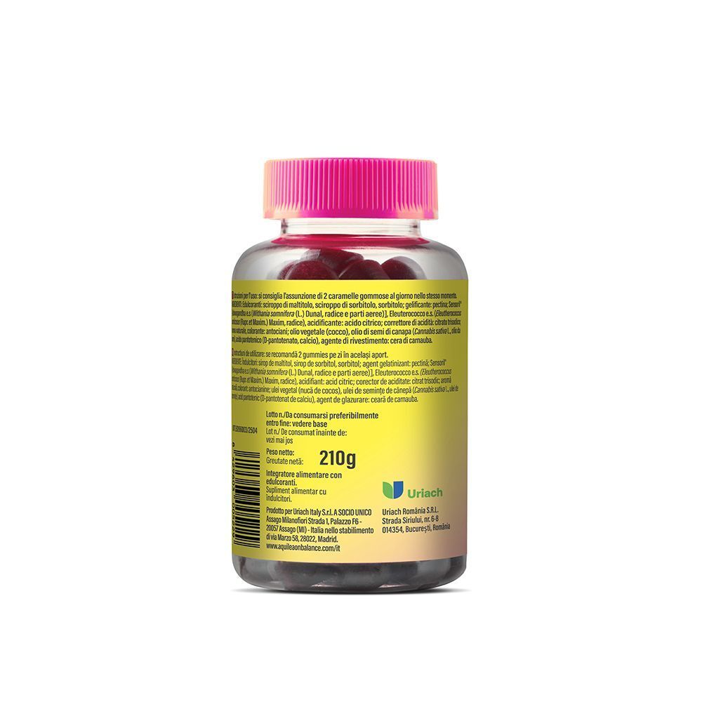 Retro di un flacone di caramelle gommose Aquilea Onbalance Focus con informazioni nutrizionali.