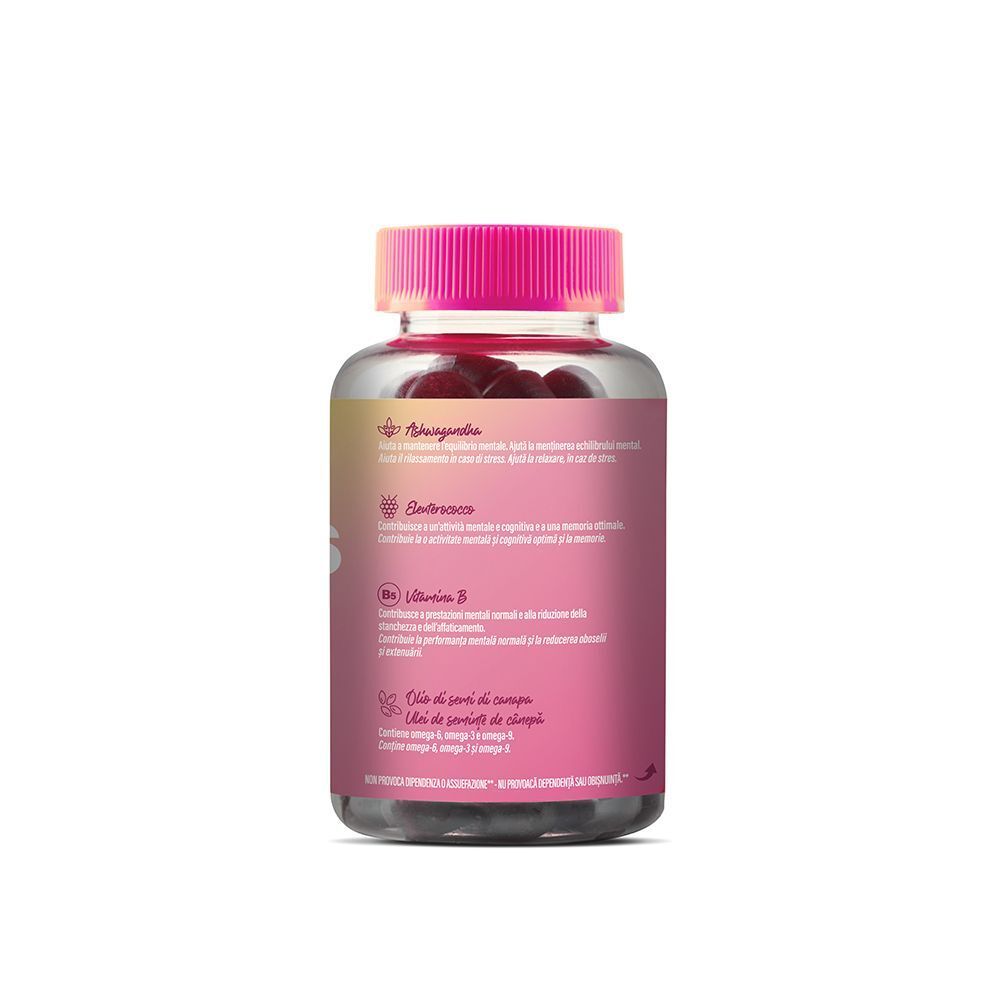 Retro di un flacone di caramelle gommose Aquilea Onbalance Focus con elenco ingredienti.